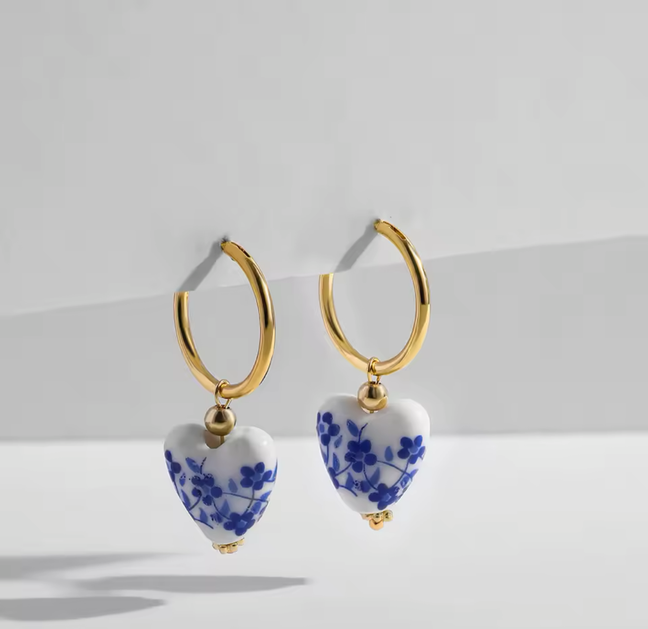 Lilli Blue Flower Porcelain, 18k Gold Plated Stainless Steel, Beaded Heart Dangle Earrings