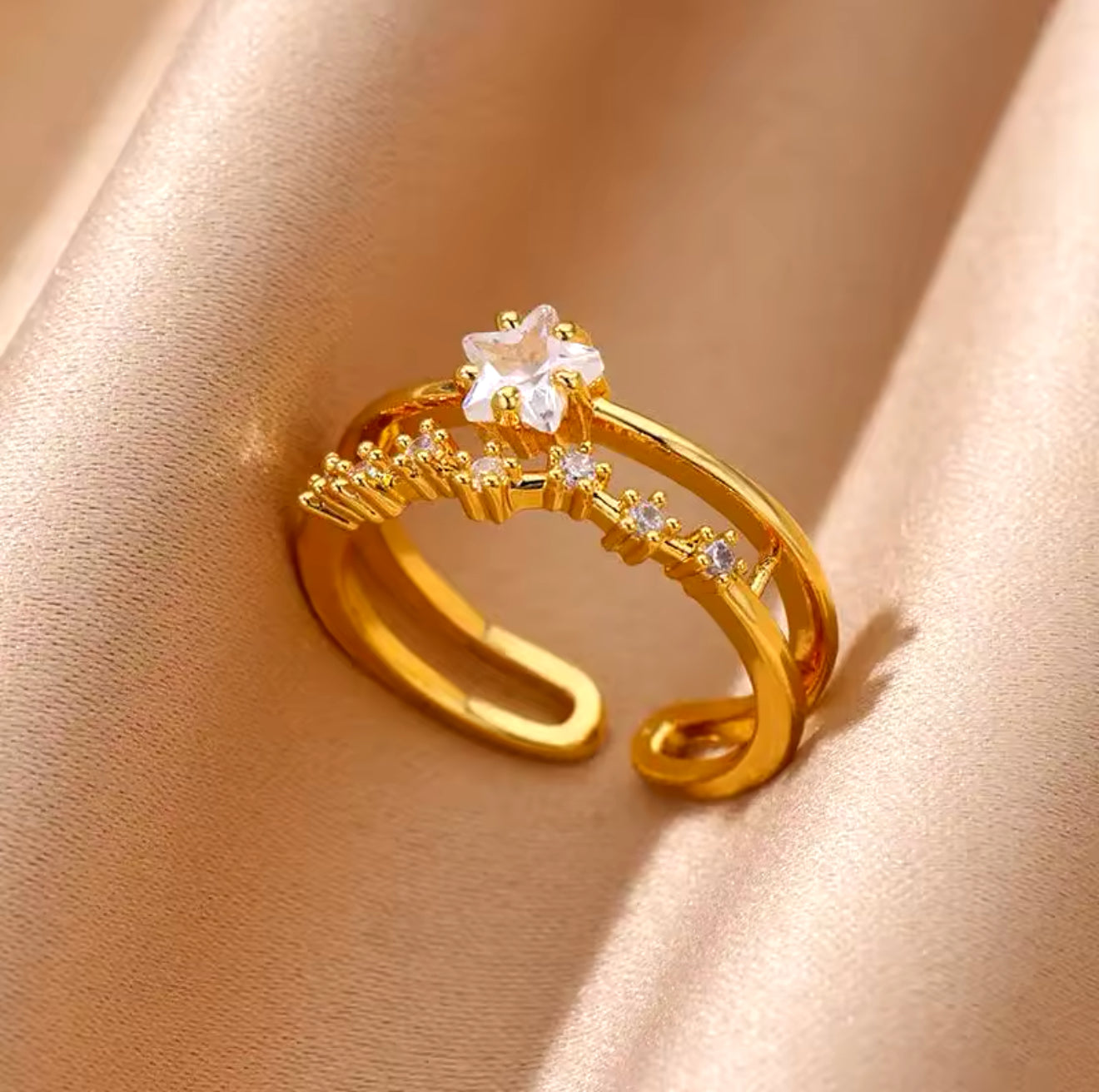 Nova 18K Gold Plated Stainless Steel CZ Star Double Band Ring
