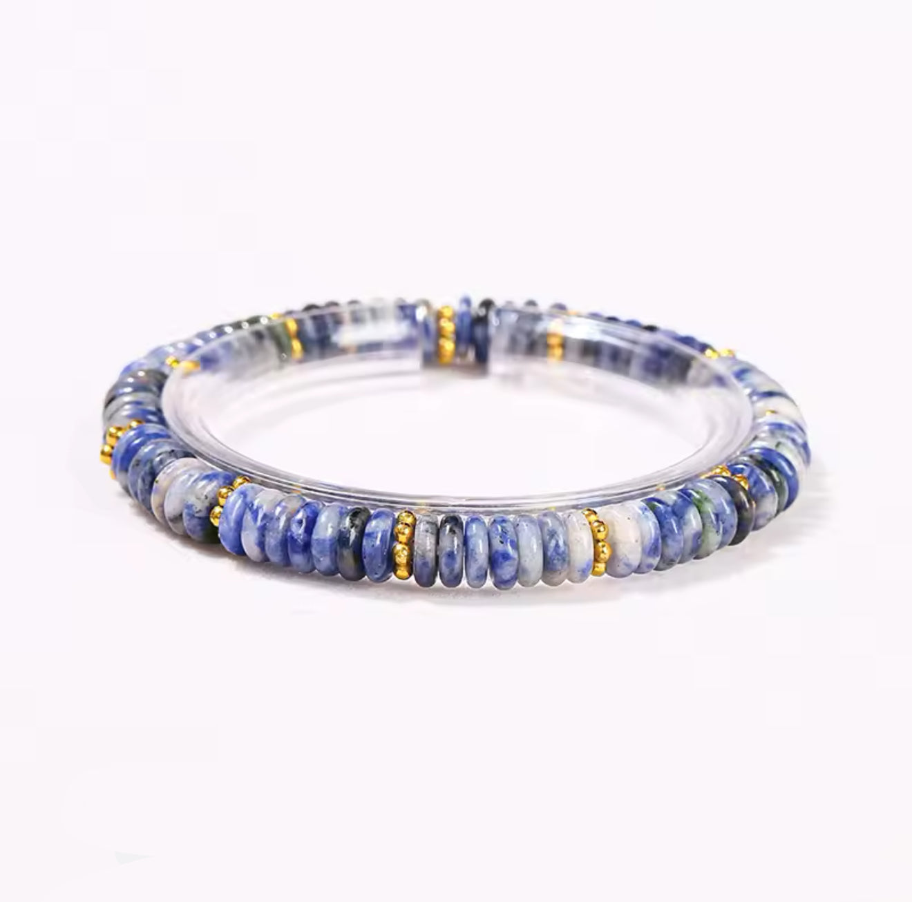 Vela Natural Blue-Spotted Jasper 18k Gold Plated Beaded Bracelet in Stainless Steel