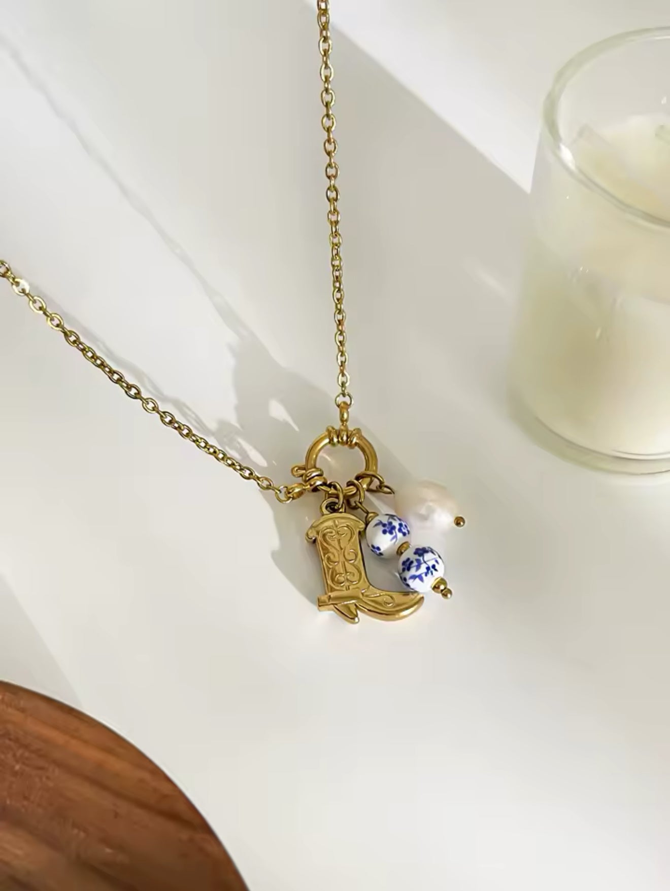 Ruth 18k Gold Plated Charm Pendant Necklace in Stainless Steel