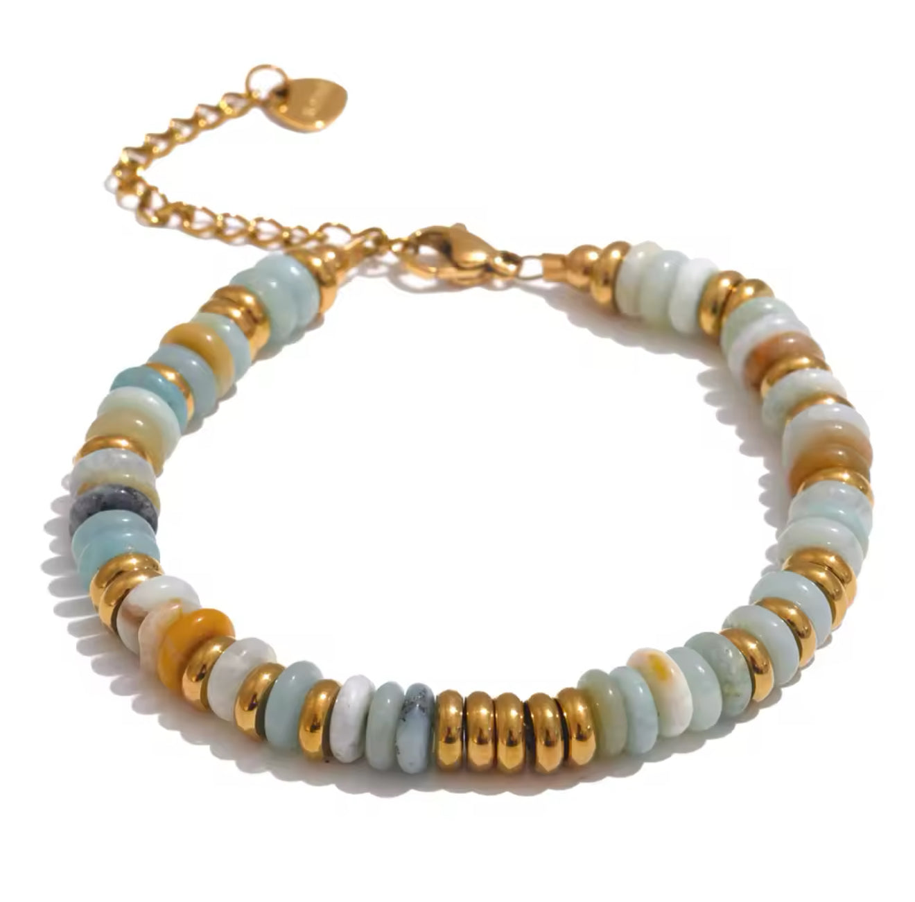 Halle Natural Amazonite 18k Gold Plated Stainless Steel Beaded Bracelet