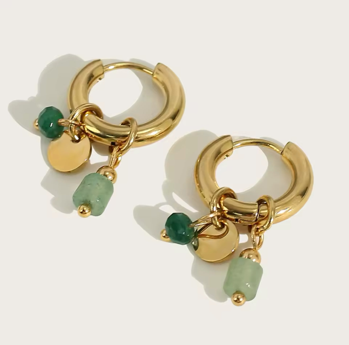 Fiona Natural Green Aventurine 18k Gold Plated Charm Earrings in Stainless Steel