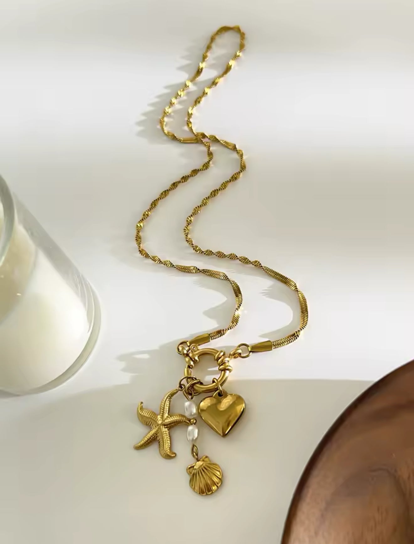 Janna 18k Gold Plated Seashell Pearl Heart Charm Necklace in Stainless Steel