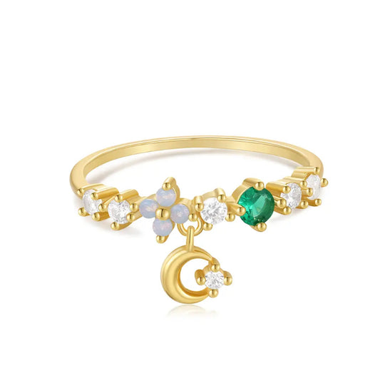 Mona 925 Sterling Silver & 18K Gold Plated CZ and Moon Charm Ring