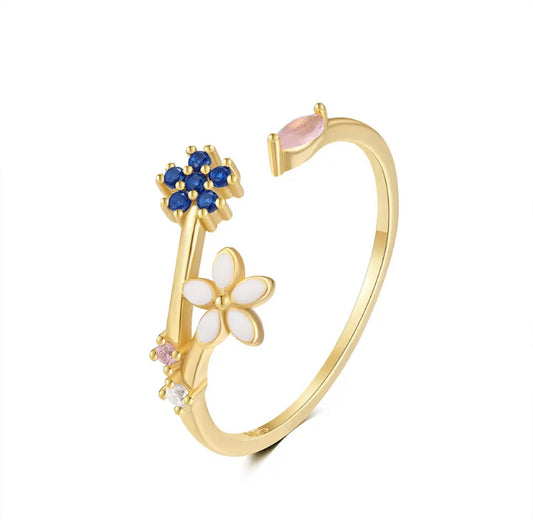 Mirabella 925 Sterling Silver & 18K Gold Plated Blue and White Flower CZ Ring