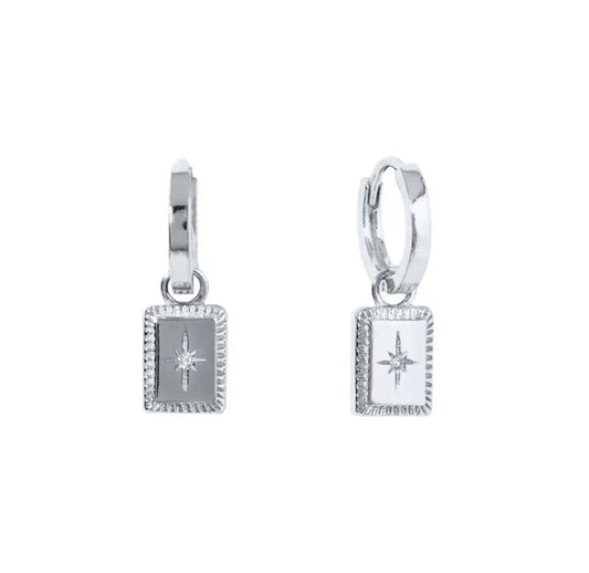 Dakota 925 Sterling Silver CZ Star Square Emblem Hoop Charm Earrings