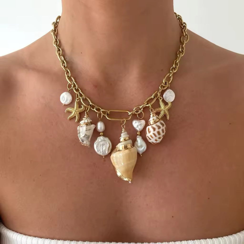 Calista Natural Seashell 18k Gold Plated Statement Necklace