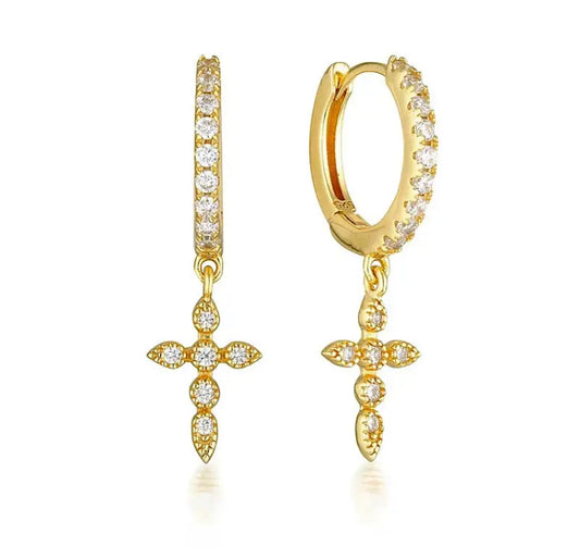 Janna 925 Sterling Silver & 18K Gold Plated CZ Cross Hoop Earrings