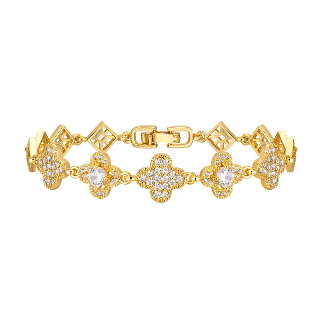 Alaina 18K Gold Plated Stainless Steel Brilliant CZ Clover Link Bracelet