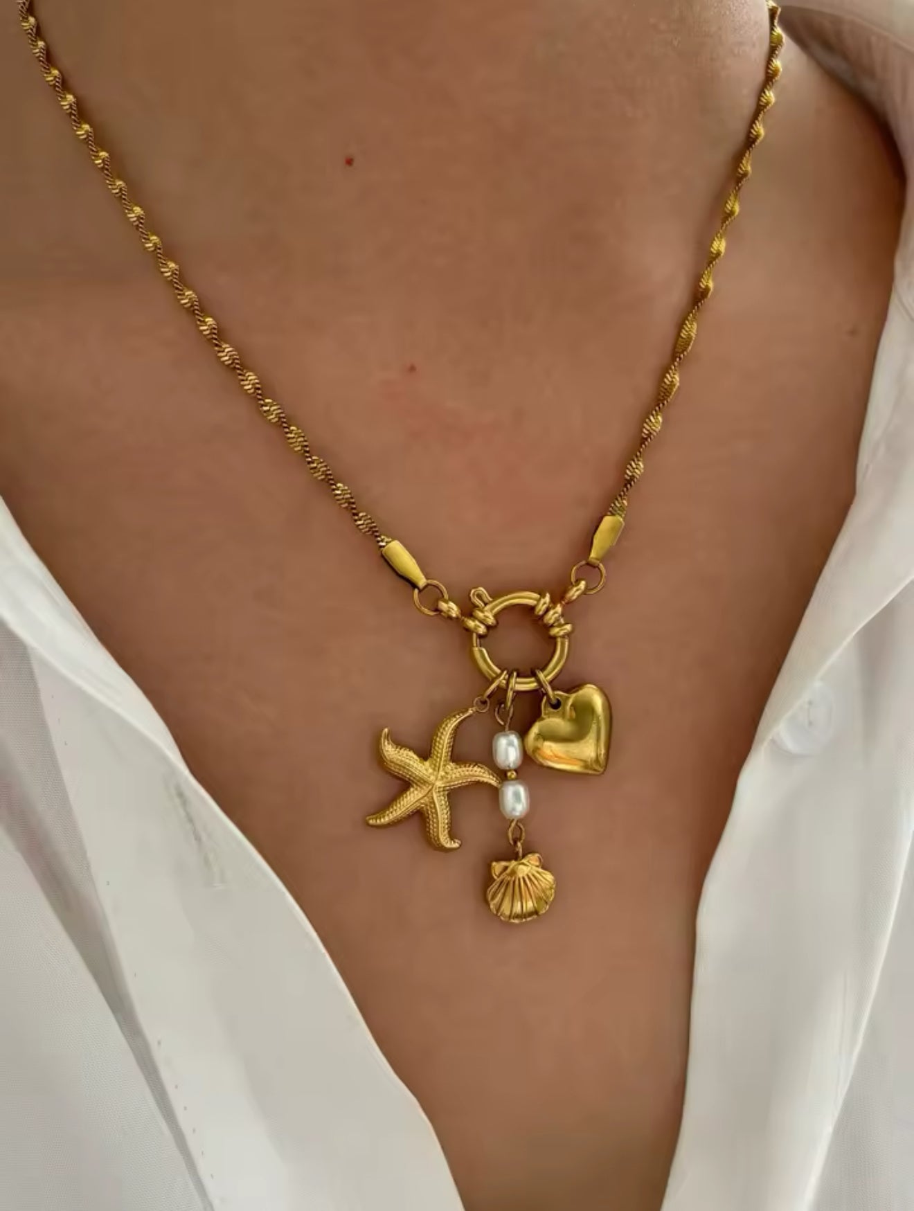 Janna 18k Gold Plated Seashell Pearl Heart Charm Necklace in Stainless Steel