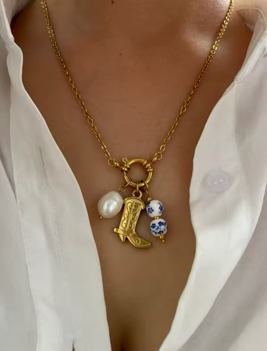 Ruth 18k Gold Plated Charm Pendant Necklace in Stainless Steel