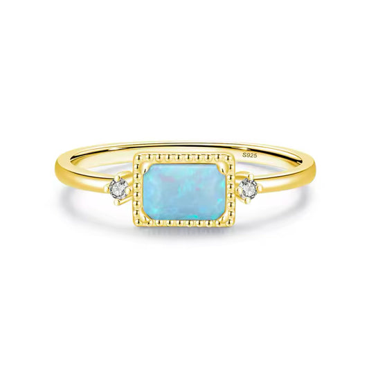 Amara Natural Opal Pure 925 Sterling Silver and 18k Gold Plated Ring with CZ Side Stones