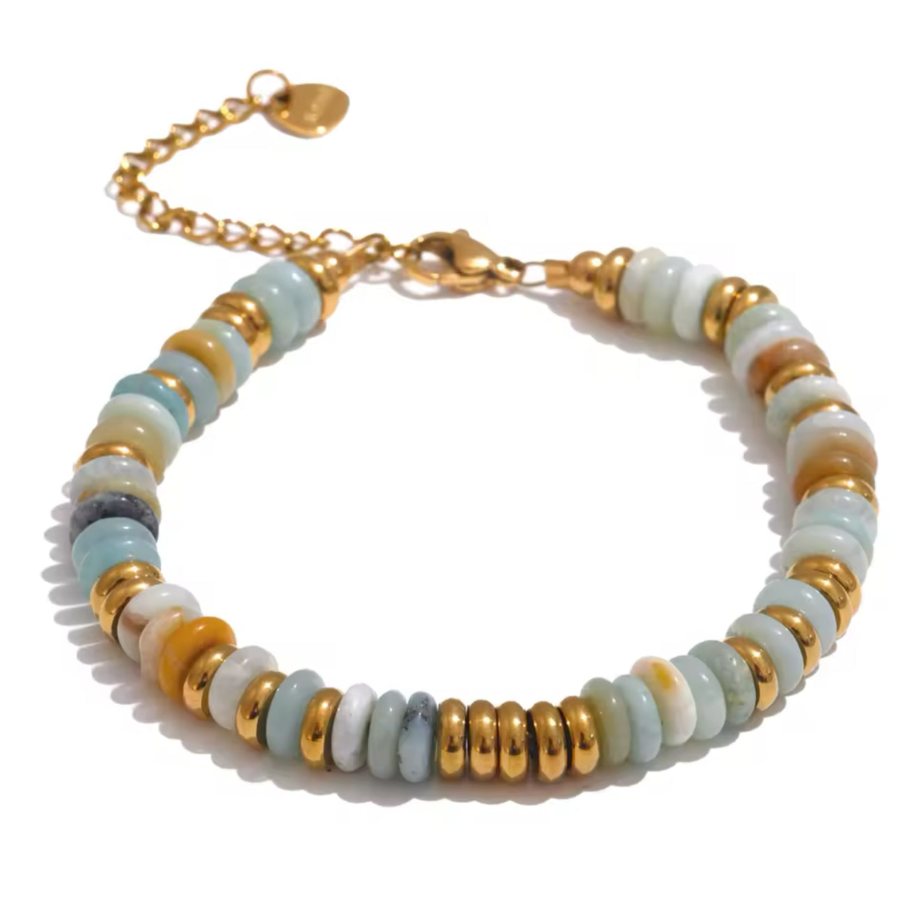 Amaya Natural Amazonite 18k Gold Plated Beaded Bracelet in Stainless Steel
