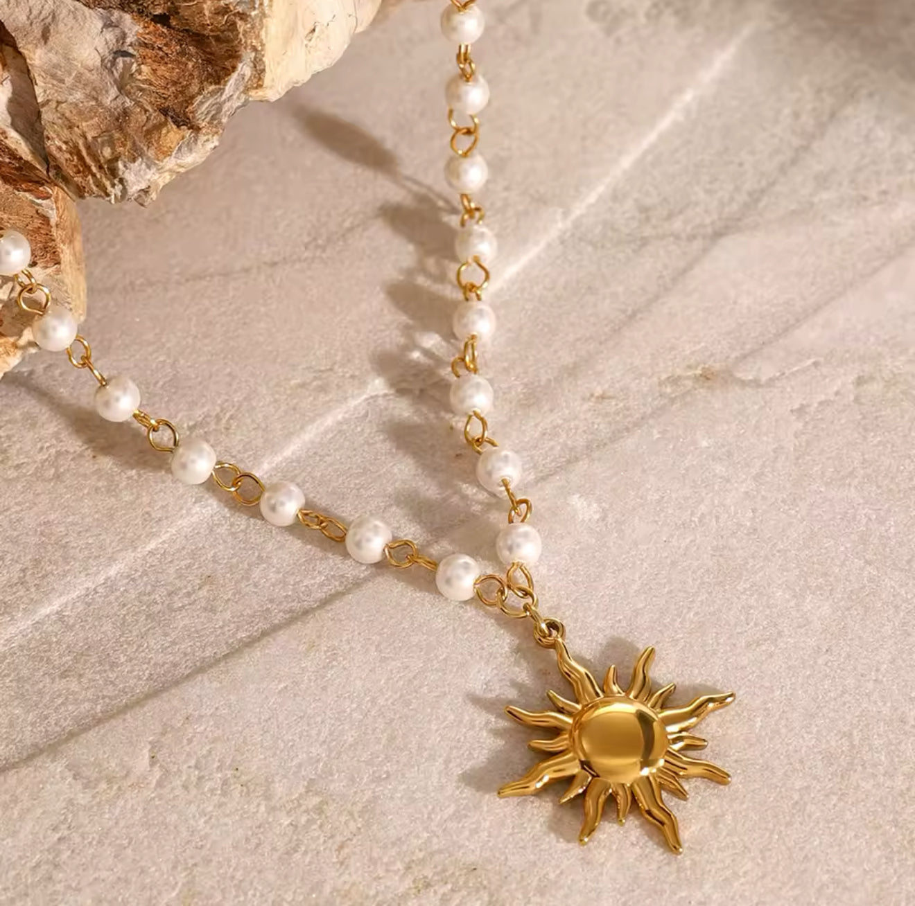 Solia 18k Gold Plated Pearl Sun Pendant in Stainless Steel