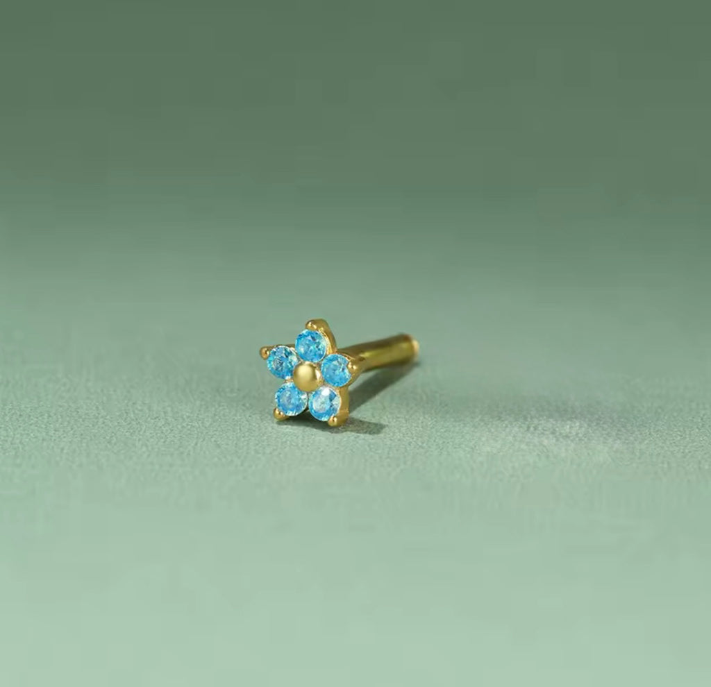 Valeria 18k Gold Plated 925 Silver 5 Petal Blue Flower Flatback Earrings