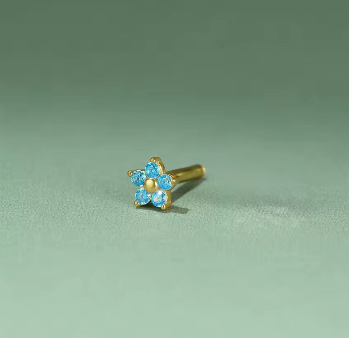 Valeria 18k Gold Plated 925 Silver 5 Petal Blue Flower Flatback Earrings