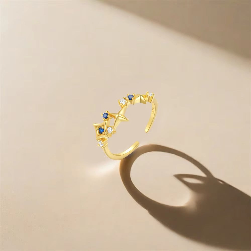 Stelia 925 Sterling Silver & 18K Gold Plated Star CZ and Simulated Sapphire Ring