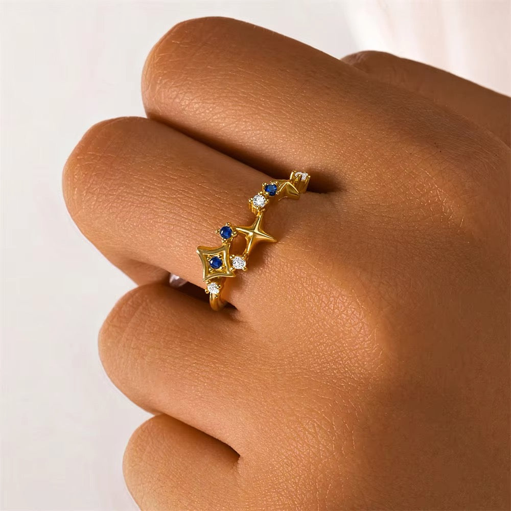 Stelia 925 Sterling Silver & 18K Gold Plated Star CZ and Simulated Sapphire Ring