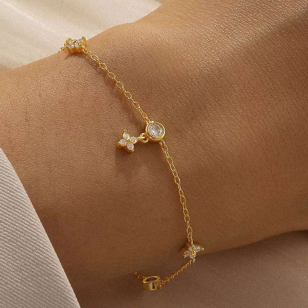 Via 925 Sterling Silver & 18K Gold Plated CZ Clover Charm Bracelet